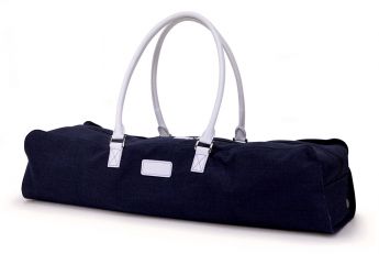 Rich navy-blue linen with white synthetic-leather trim